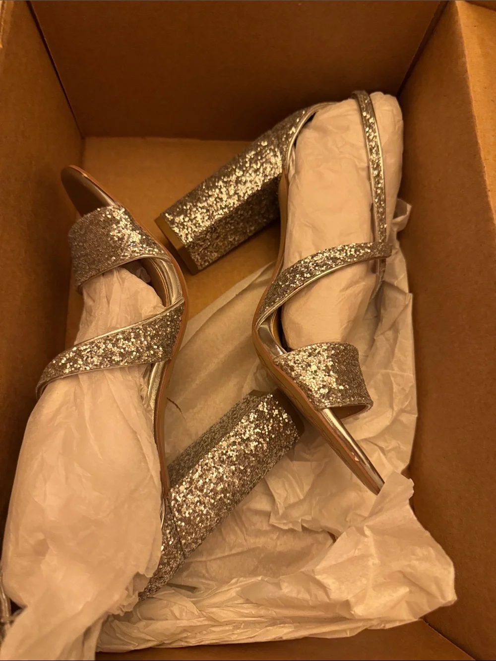 Jewel Badgley Mischka Silver Glitter Strappy Heel Sandals